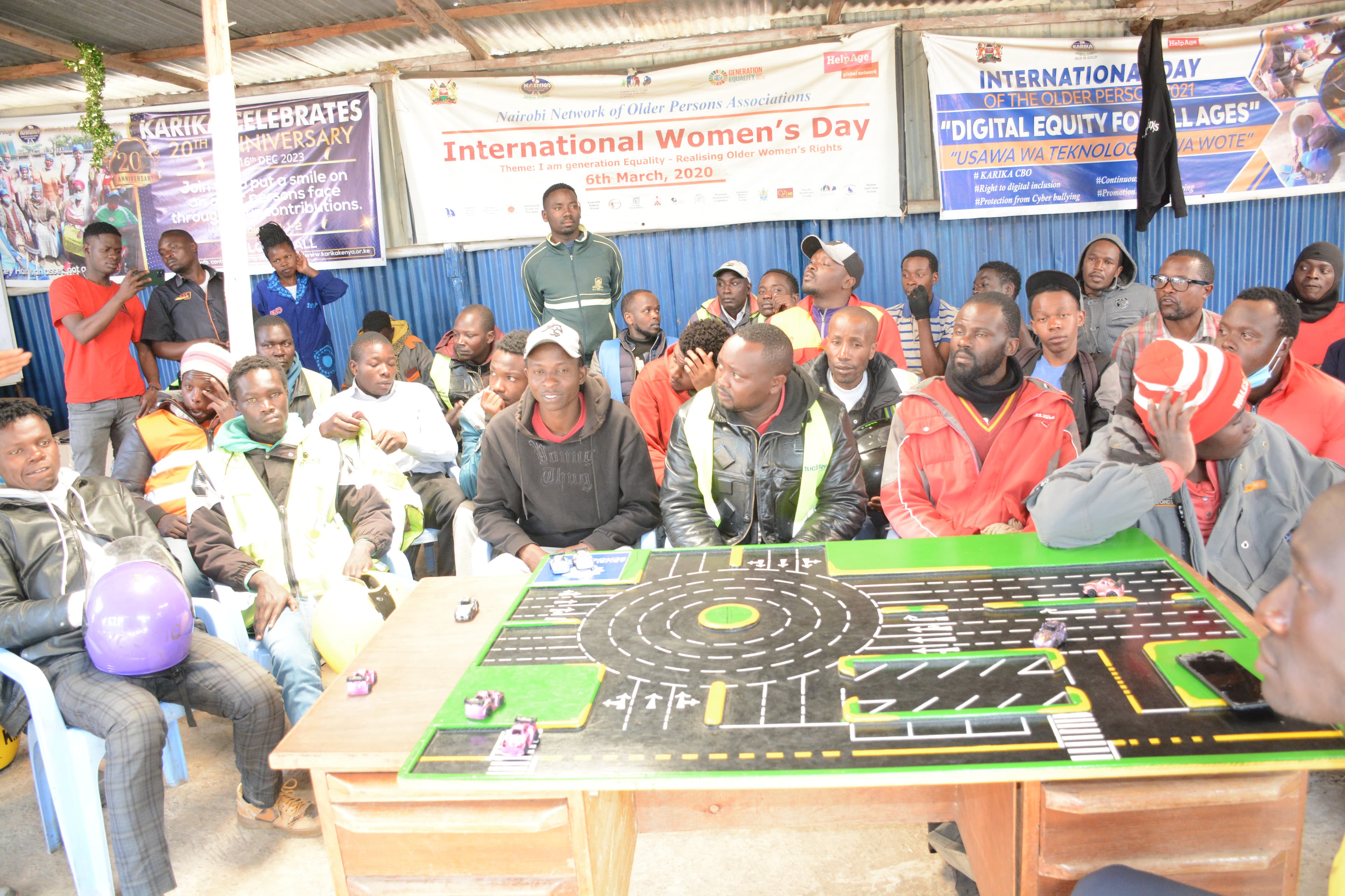 Motorcycles assembled for an ARUSi rider-safety program in Riruta.
